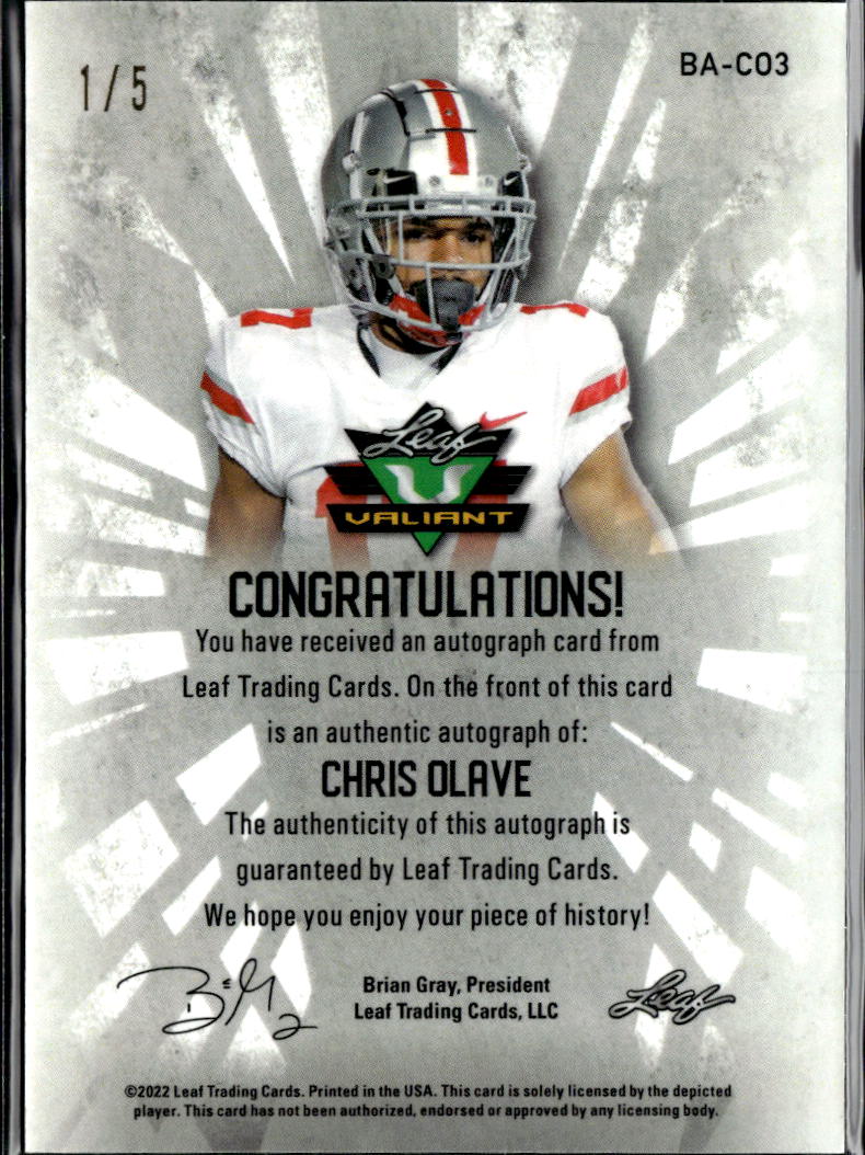 Chris Olave 2022 Leaf Valiant Auto Autograph RC Rookie 1/5 Ohio State Buckeyes