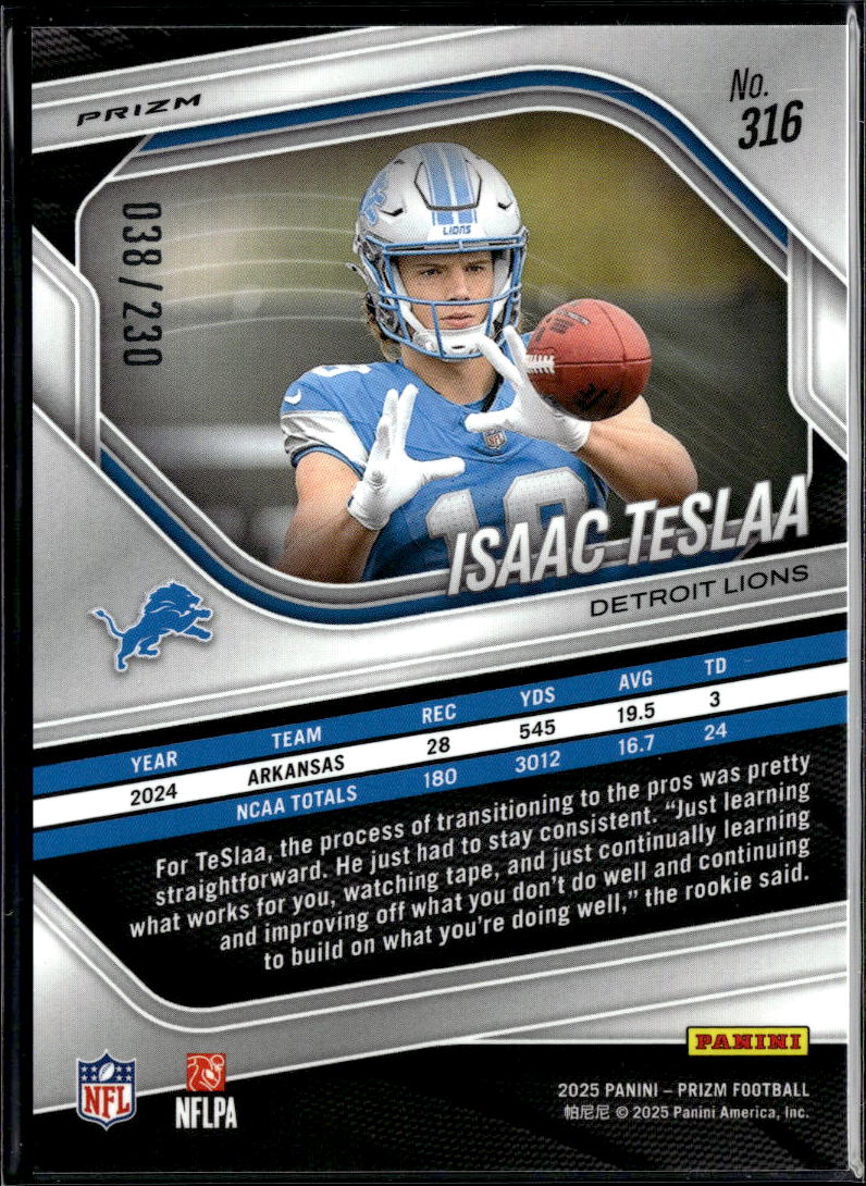 Isaac TeSlaa 2025 Prizm Blue Wave Prizm Rookie RC 38/230 Detroit Lions