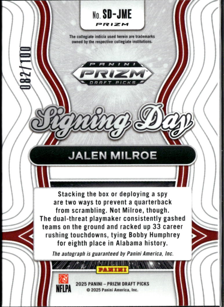 Jalen Milroe 2025 Prizm Draft Auto Autograph RC 82/100 Alabama Crimson Tide