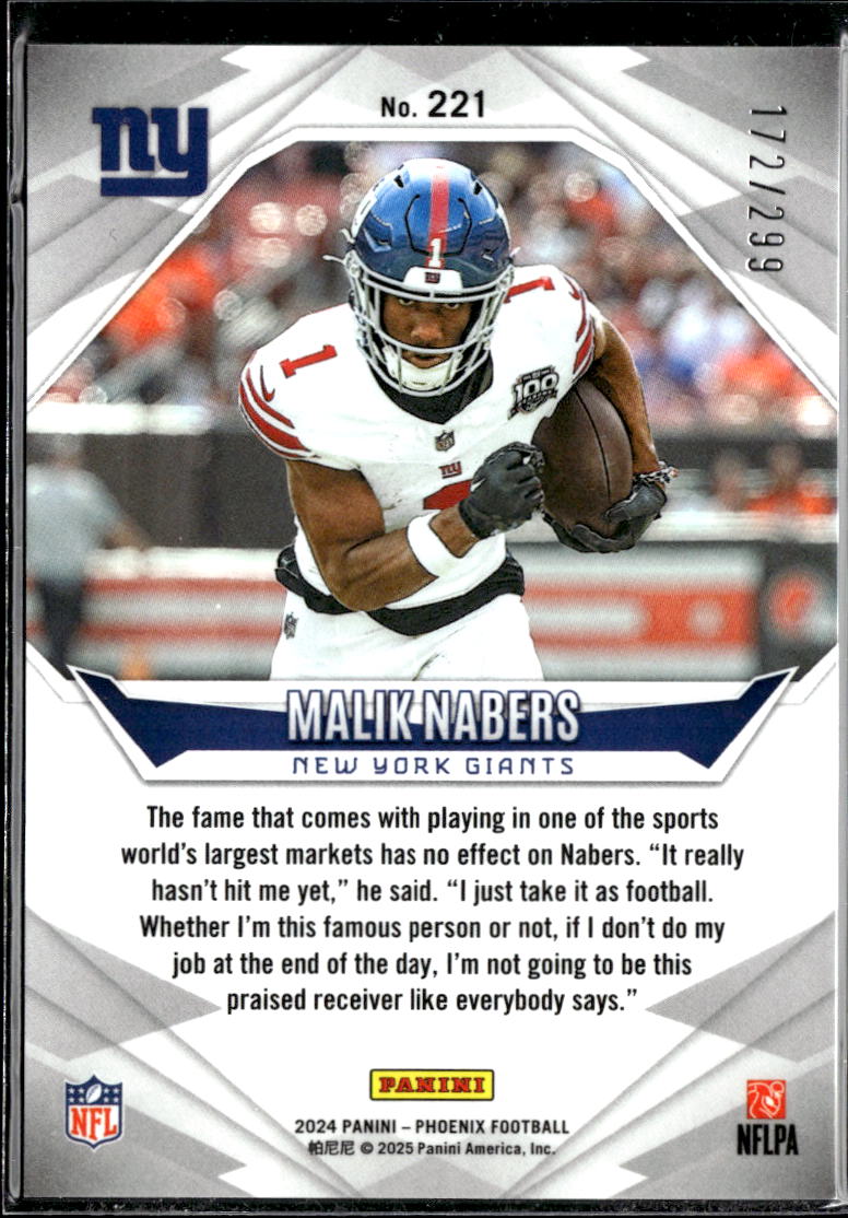 Malik Nabers 2025 Phoenix Team Logo Rookie RC 172/299 New York Giants