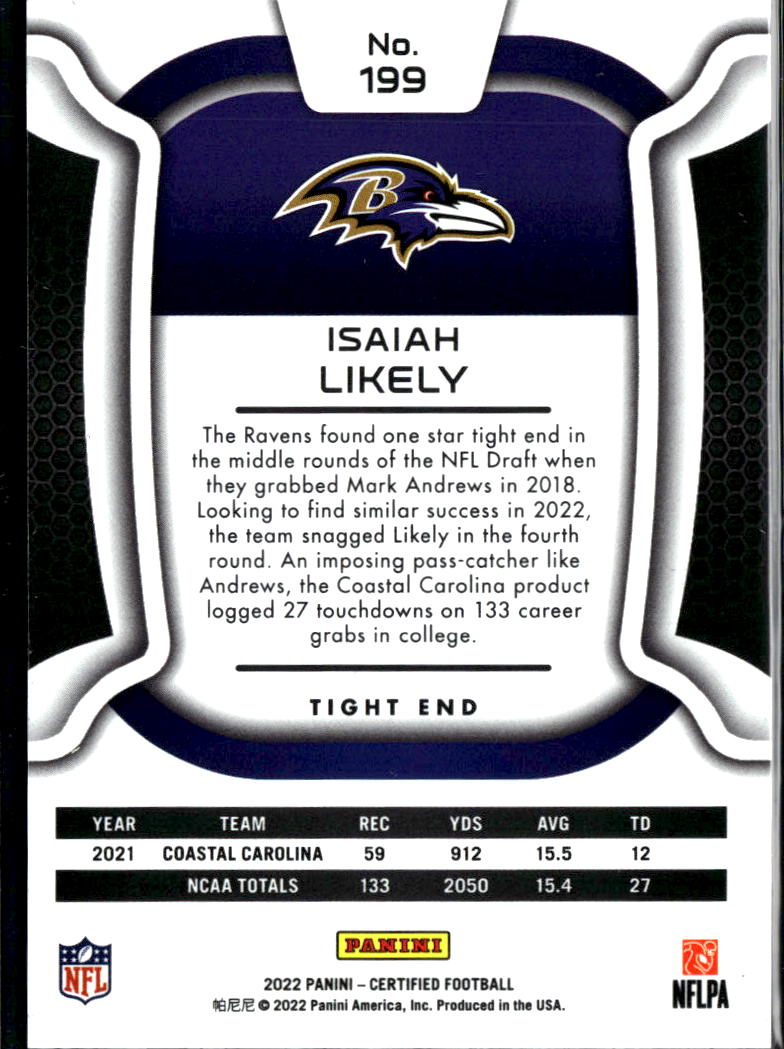 Isaiah Likely 2022 Certified Mirror Blue Rookie RC 26/75 Baltimore Ravens