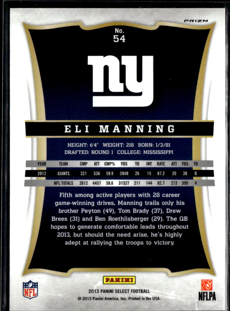 Eli Manning 2013 Select Silver Prizm New York Giants