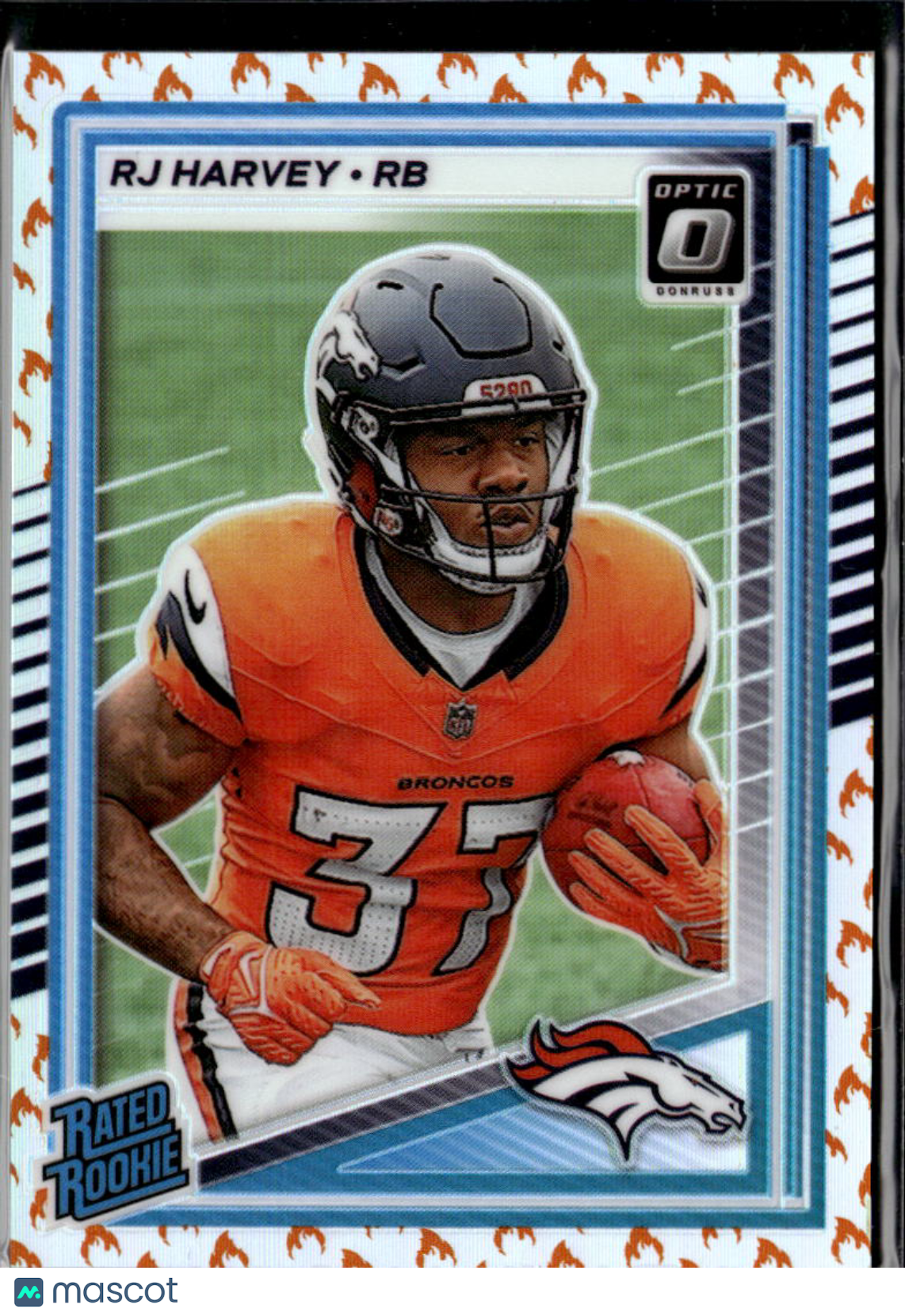 RJ Harvey 2025 Optic Rated Rookie Fire Emoji RC SSP Denver Broncos