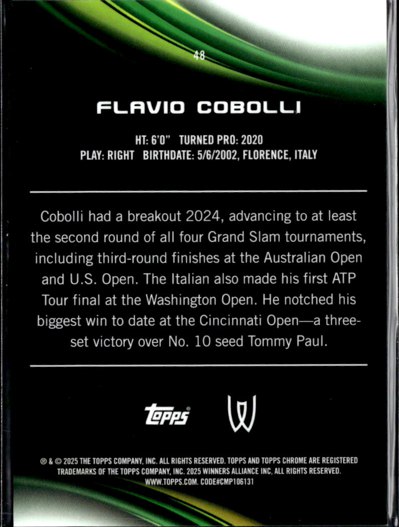 Flavio Cobolli 2025 Topps Chrome RC Orange Refractor Rookie 9/25
