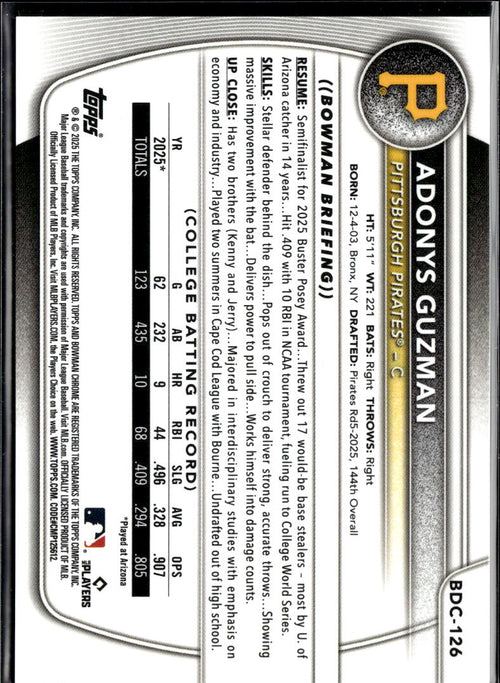 Adonys Guzman 2025 Bowman Chrome 1st Red Refractor RC 2/5 Pittsburgh Pirates