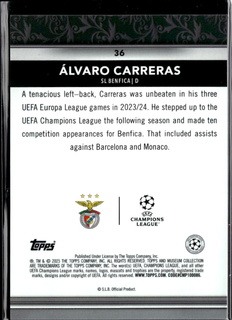 Álvaro Carreras 2025 Topps Museum Collection RC Red /25 SL Benfica