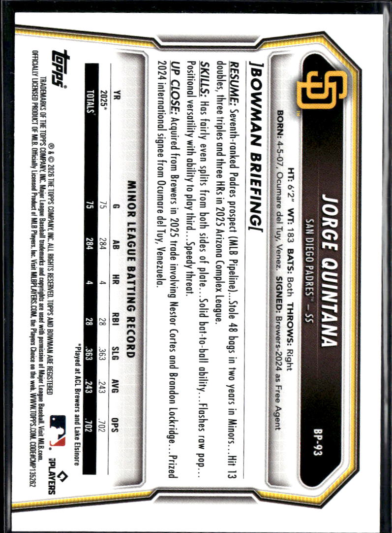 Jorge Quintana 2025 Bowman 1st Orange Rookie RC 23/25 San Diego Padres
