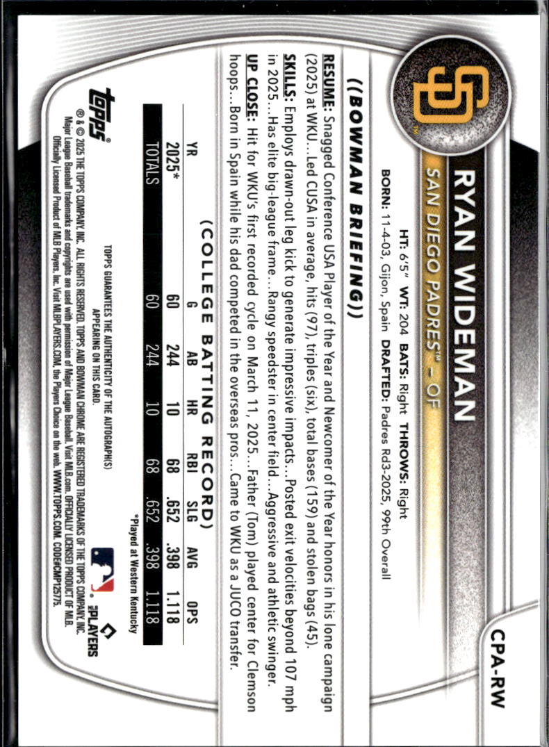 Ryan Wideman 2025 Bowman Chrome 1st Auto Autograph San Diego Padres