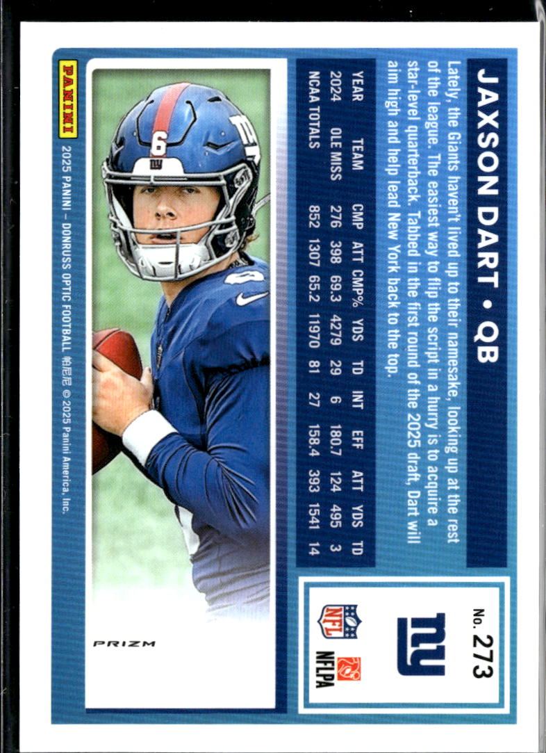 Jaxson Dart 2025 Optic Rated Rookie Purple Shock Prizm RC New York Giants