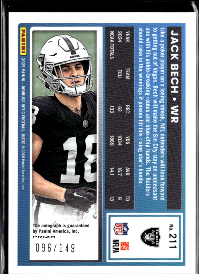 Jack Bech 2025 Optic Rated Rookie RC Auto Autograph 96/149 Las Vegas Raiders