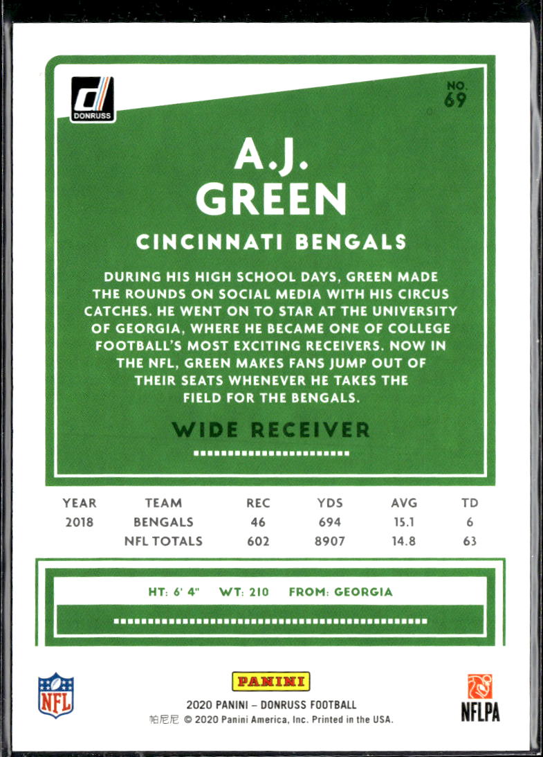 A.J. Green 2020 Donruss Orange Jersey Number 18/18 Cincinnati Bengals