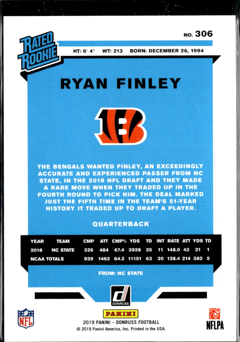Ryan Finley 2019 Donruss Rated Rookie Orange 3/5 Cincinnati Bengals