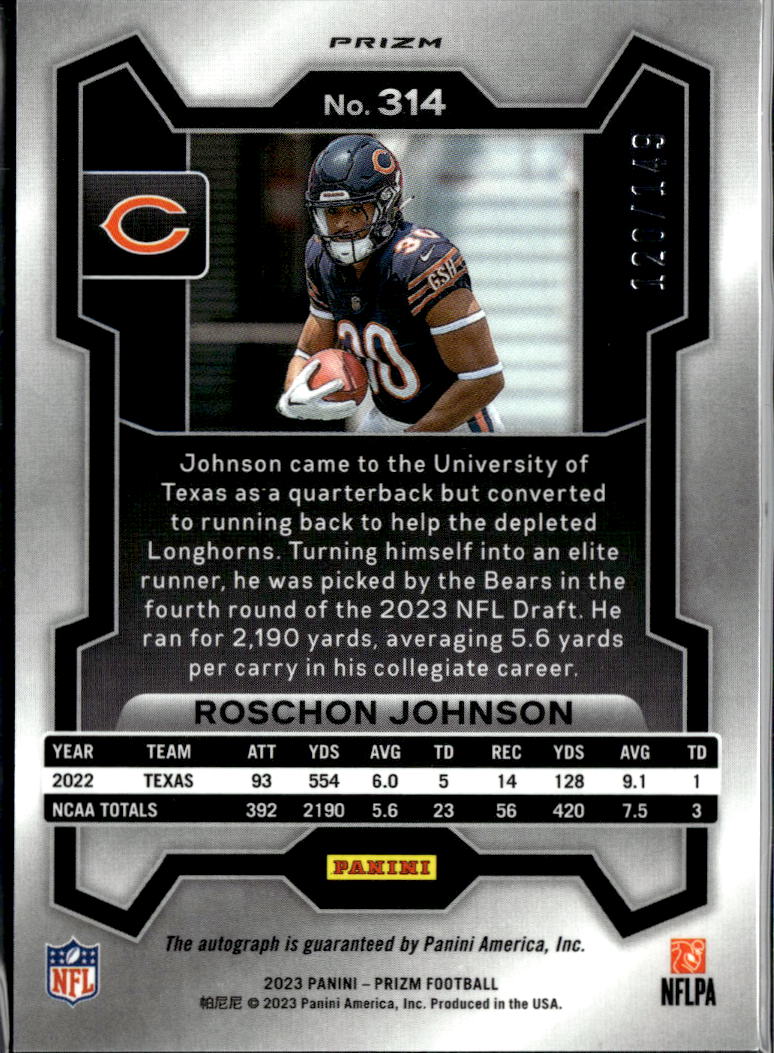 Roschon Johnson 2023 Prizm Auto Autograph RC Red Wave 120/149 Chicago Bears