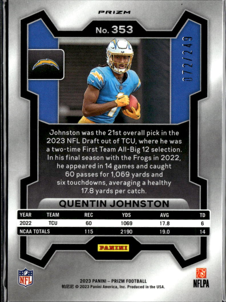 Quentin Johnston 2023 Prizm Orange Prizm Rookie RC 72/249 Los Angeles Chargers