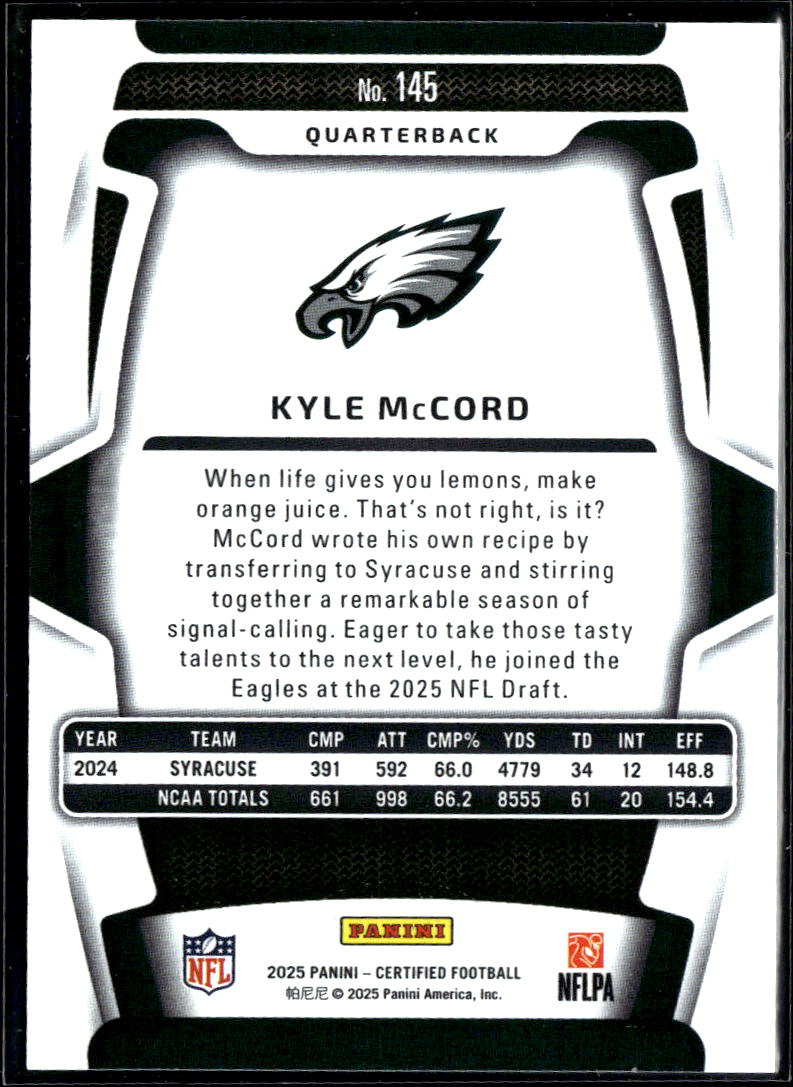 Kyle McCord 2025 Certified Mirror Teal Rookie RC 37/75 Philadelphia Eagles