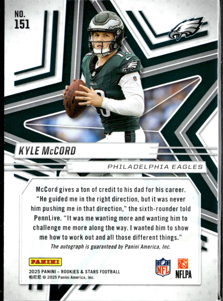 Kyle McCord 2025 Rookies & Stars Auto Autograph RC 7/25 Philadelphia Eagles