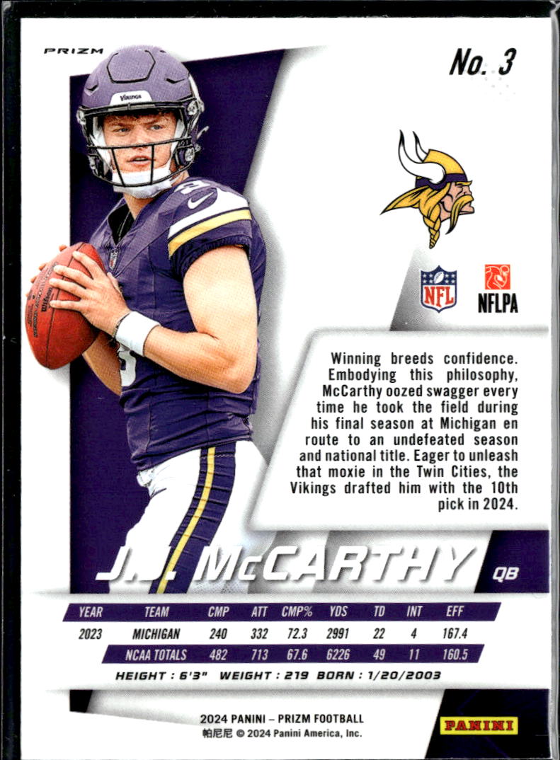 J.J. McCarthy 2024 Prizm Silver Prizm Rookie RC Minnesota Vikings