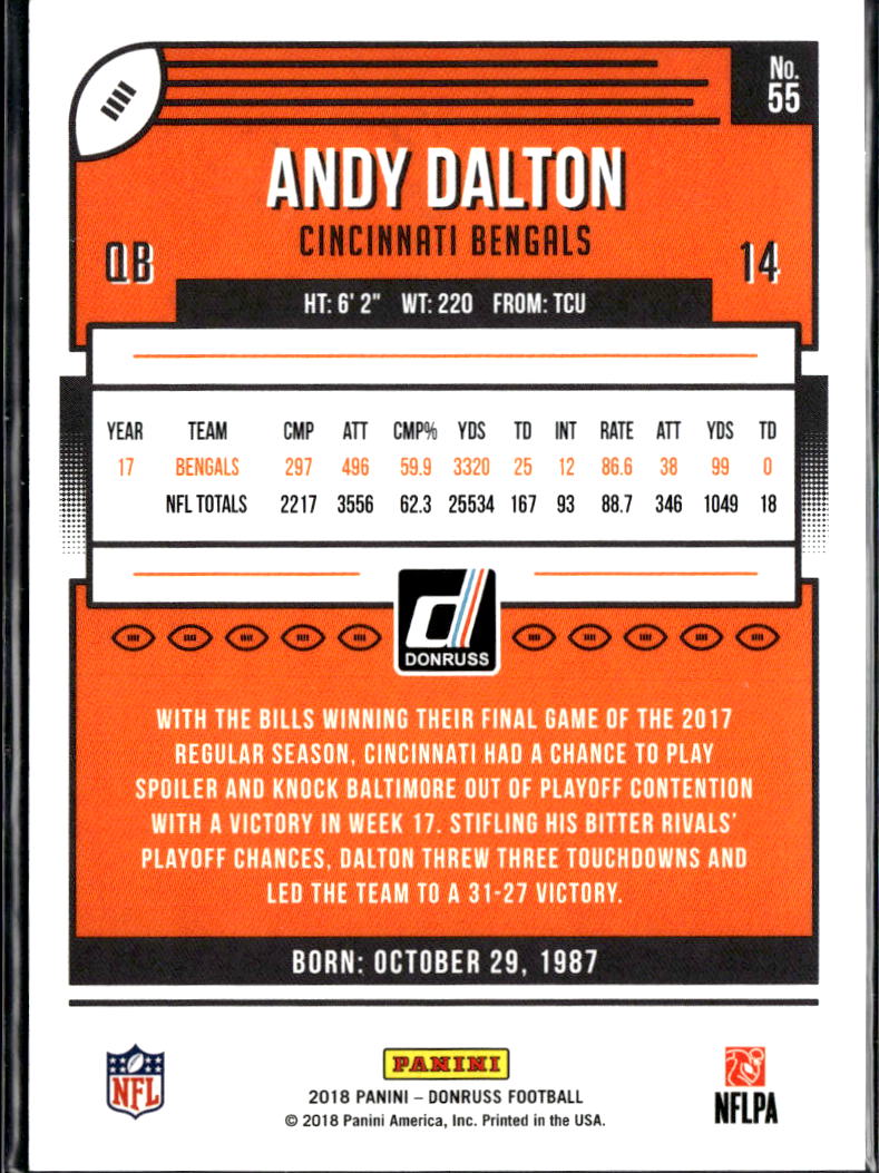 Andy Dalton 2018 Donruss Jersey Number Orange 2/14 Cincinnati Bengals