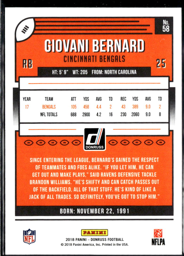 Giovani Bernard 2018 Donruss Jersey Number 17/25 Cincinnati Bengals