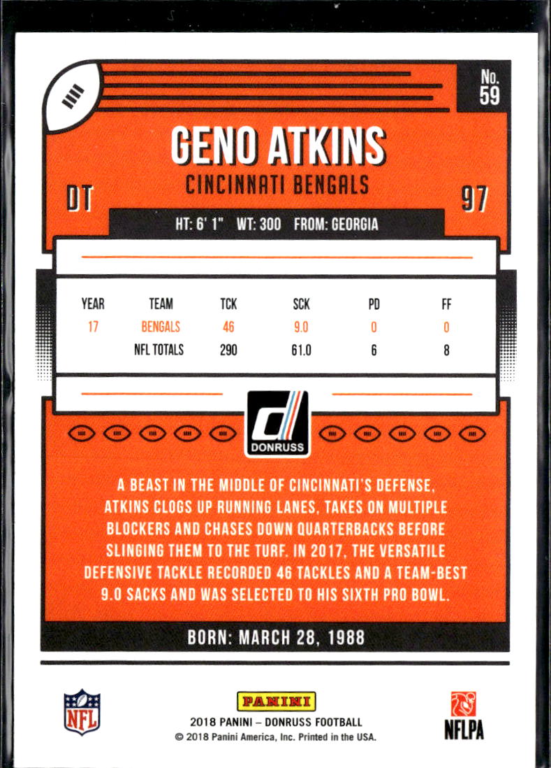 Geno Atkins 2018 Donruss Orange Jersey Number 32/97 Cincinnati Bengals