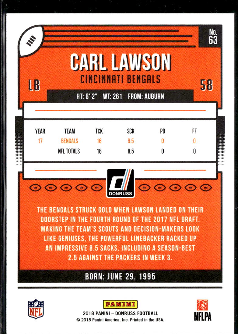 Carl Lawson 2018 Donruss Jersey Number 27/58 Cincinnati Bengals