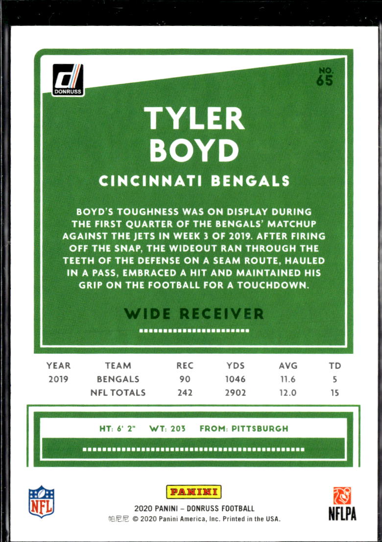 Tyler Boyd 2020 Donruss Orange Jersey Number 37/83 Cincinnati Bengals