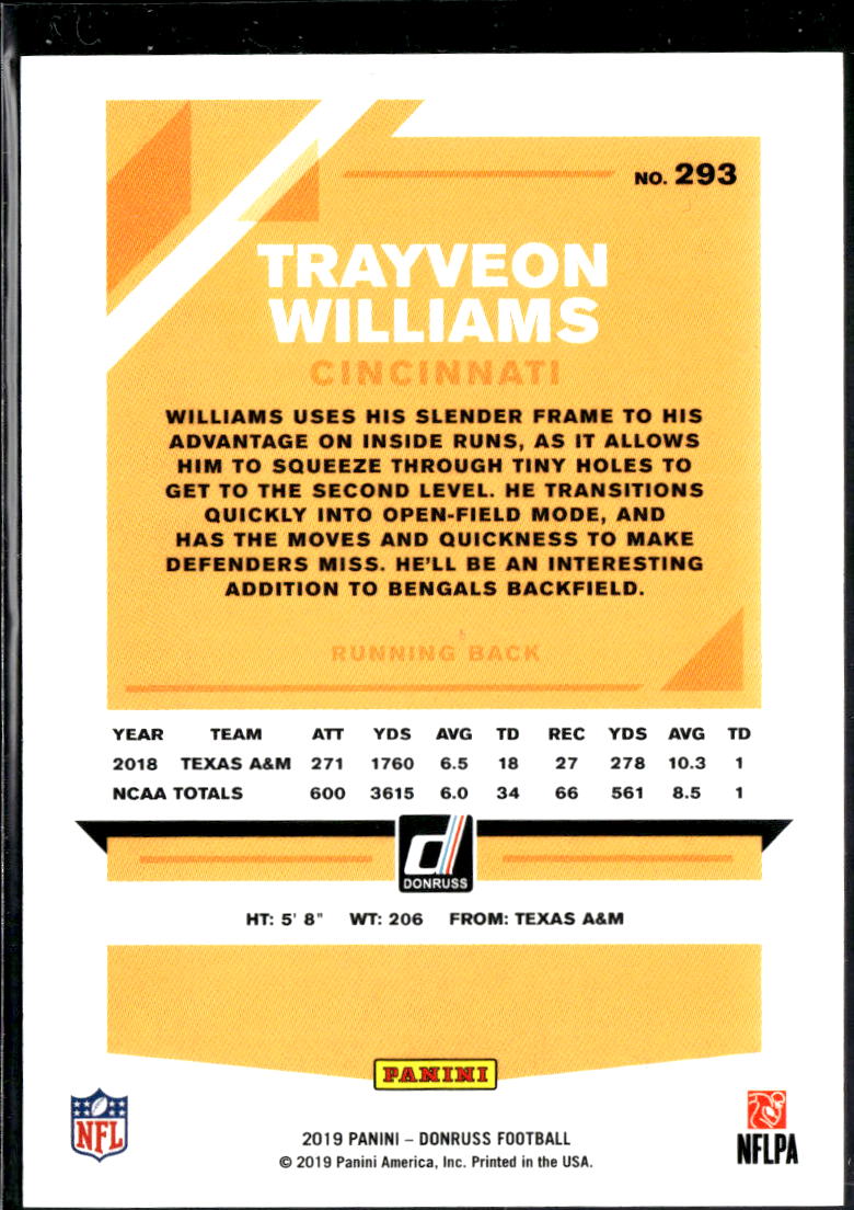 Trayveon Williams 2019 Donruss RC Orange Jersey Number 1/32 Cincinnati Bengals
