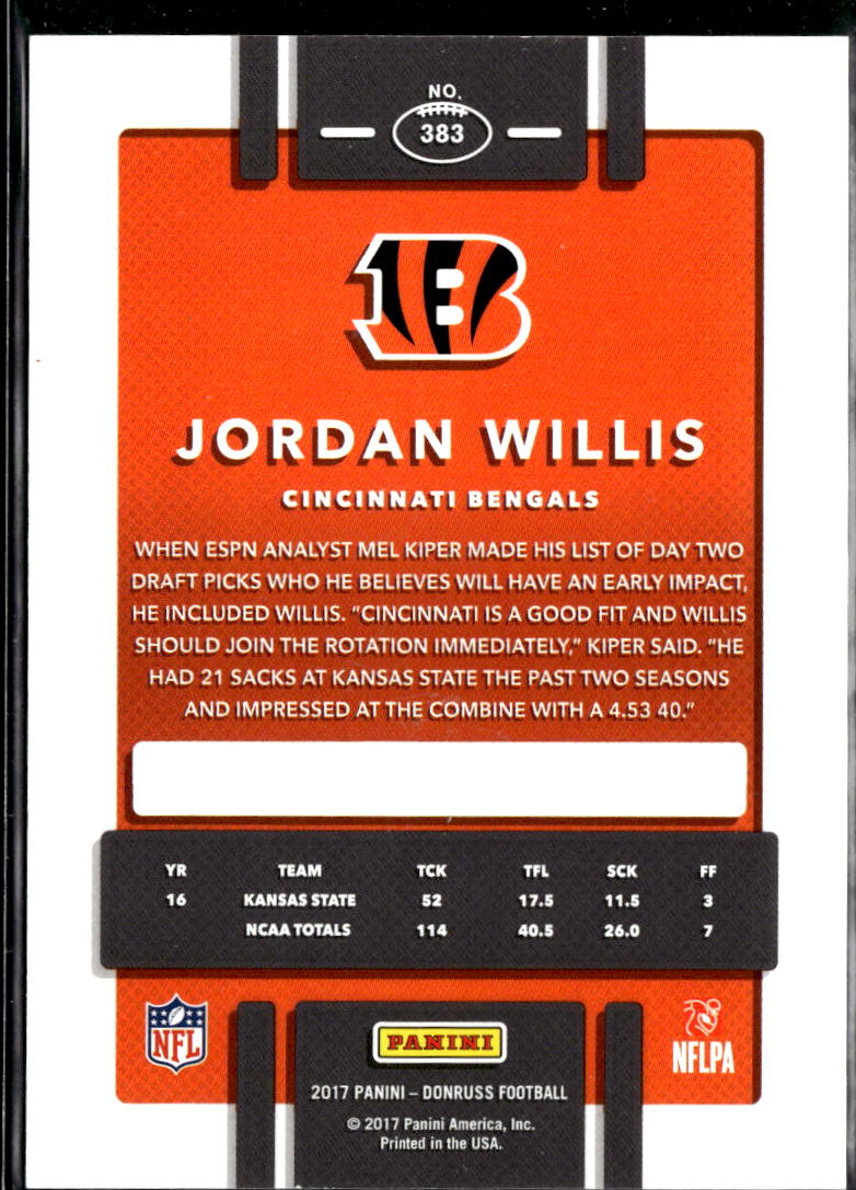Jordan Willis 2017 Donruss Orange Jersey Number RC 72/99 Cincinnati Bengals