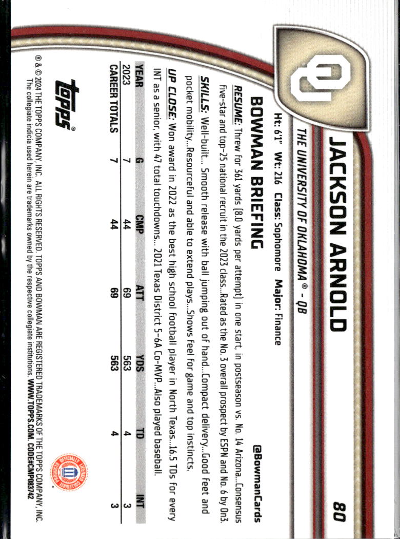 Jackson Arnold 2024 Bowman Chrome Black White RC 9/48 Oklahoma Sooners