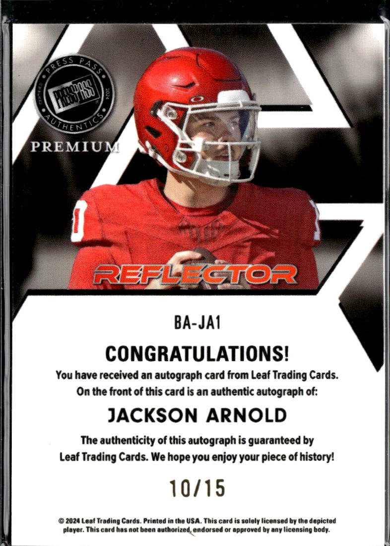 Jackson Arnold 2024 Leaf Press Pass Auto Autograph JERSEY # 10/15 Sooners