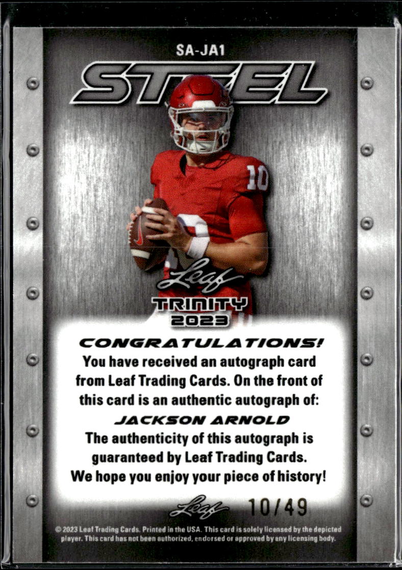 Jackson Arnold 2023 Leaf Trinity Steel Auto Autograph RC JERSEY # 10/49 Sooners