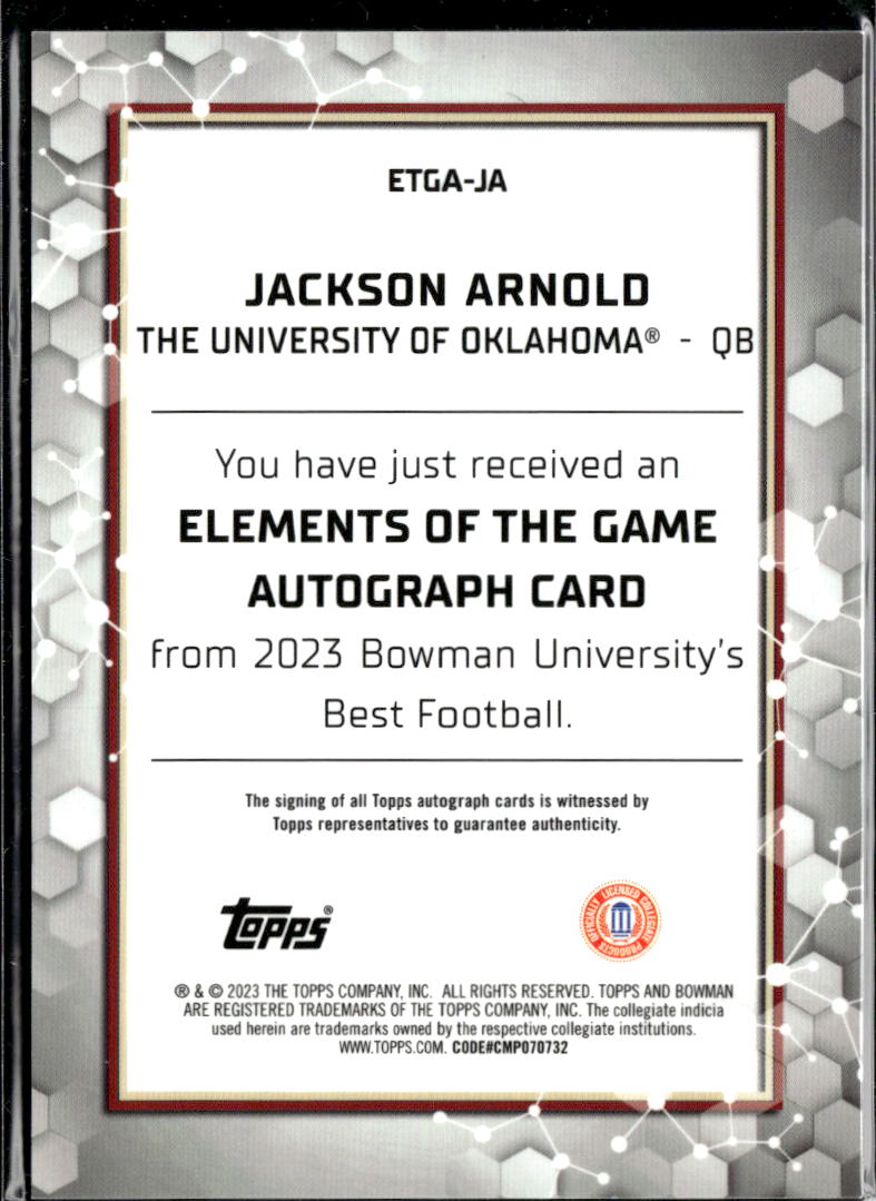 Jackson Arnold 2023 Bowman's Best Elements Auto Autograph 47/75 Oklahoma Sooners