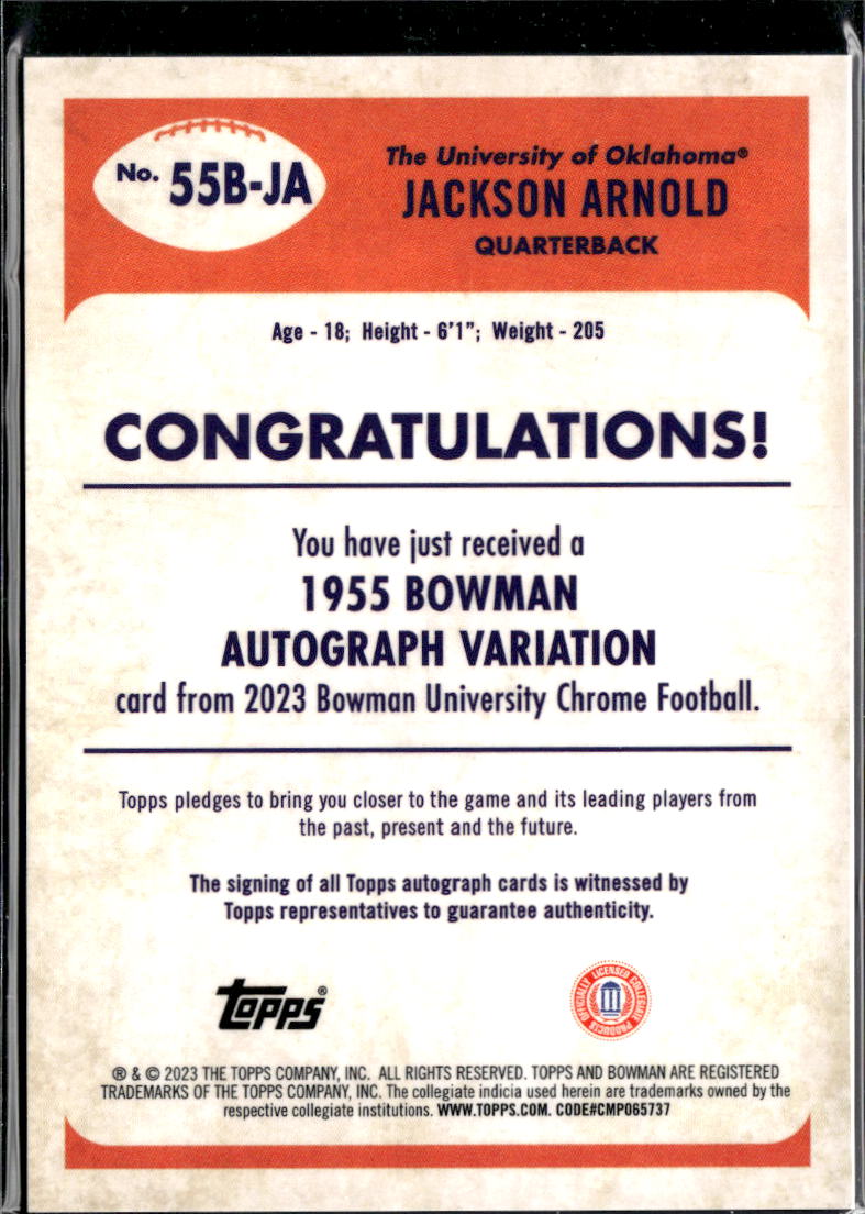 Jackson Arnold 2023 Bowman Chrome '55 Bowman Auto Autograph 77/99  Sooners