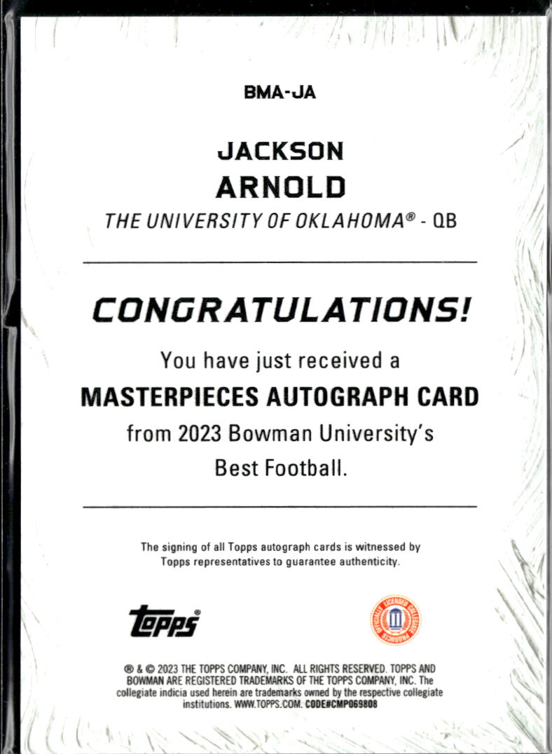 Jackson Arnold 2023 Bowman's Best Autograph Auto 60/75 Oklahoma Sooners