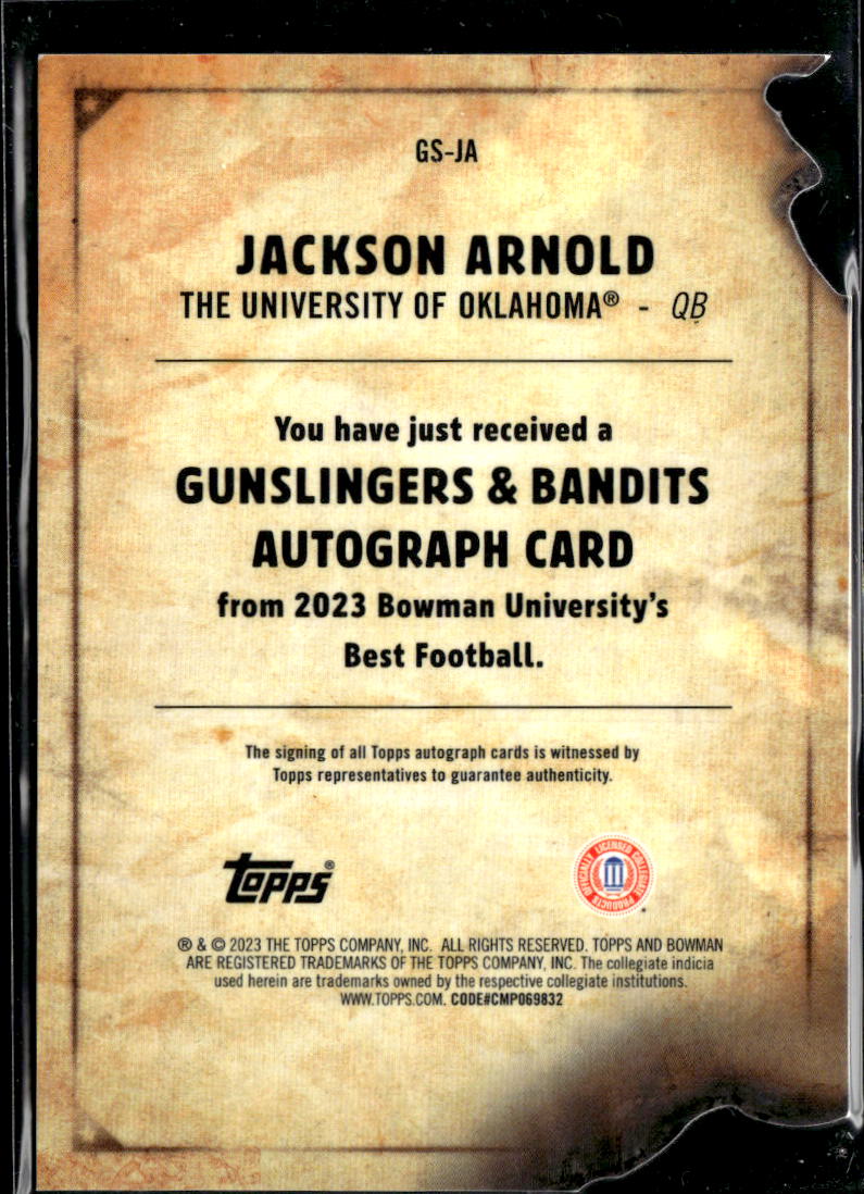 Jackson Arnold 2023 Bowman's Best Wanted Auto Autograph 31/75 Oklahoma Sooners