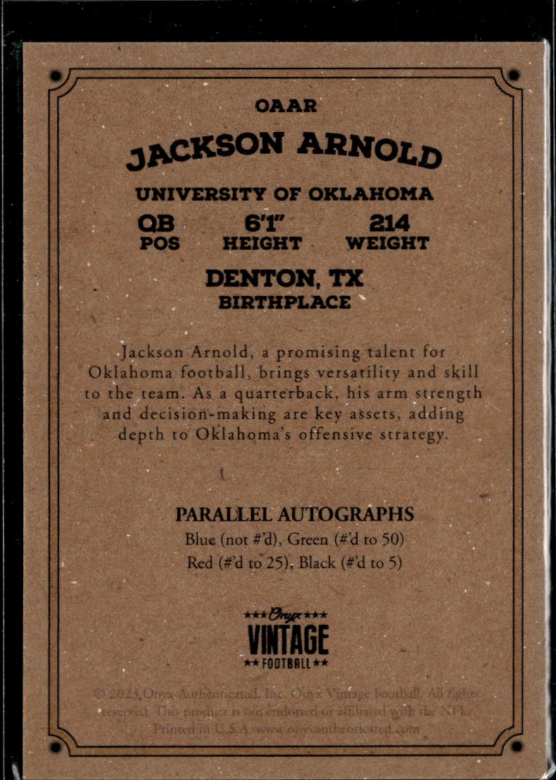 Jackson Arnold 2023 Onyx Vintage Auto Autograph Blue Ink Oklahoma Sooners