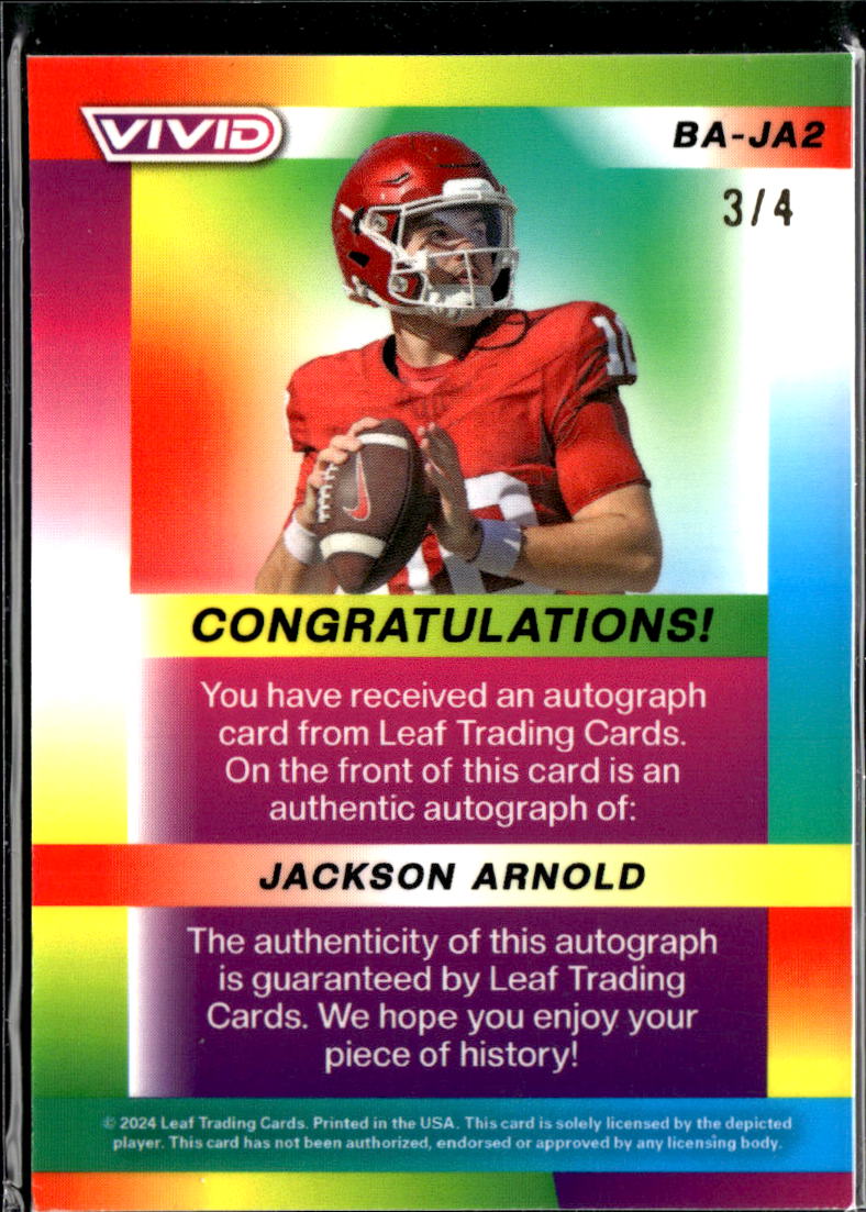 Jackson Arnold 2024 Leaf Vivid Auto Autogrpah RC 3/4 Oklahoma Sooners