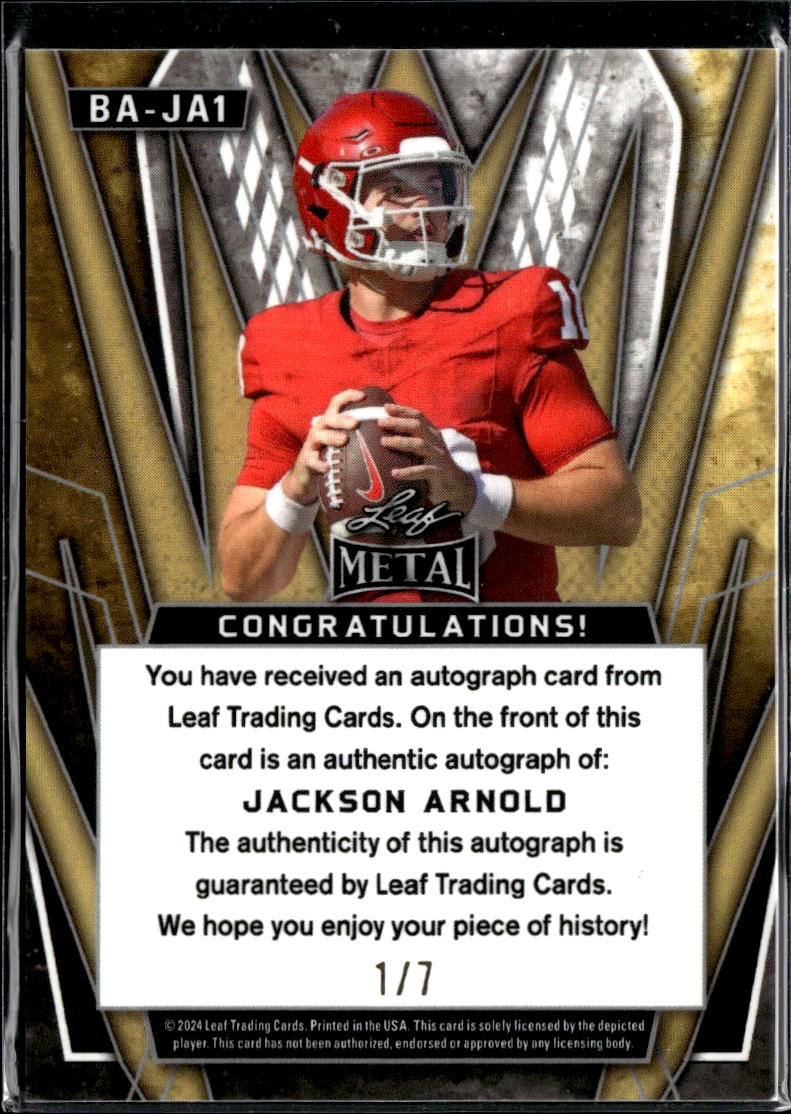 Jackson Arnold 2024 Leaf Metal Auto Autograph Blue 1/7 Oklahoma Sooners