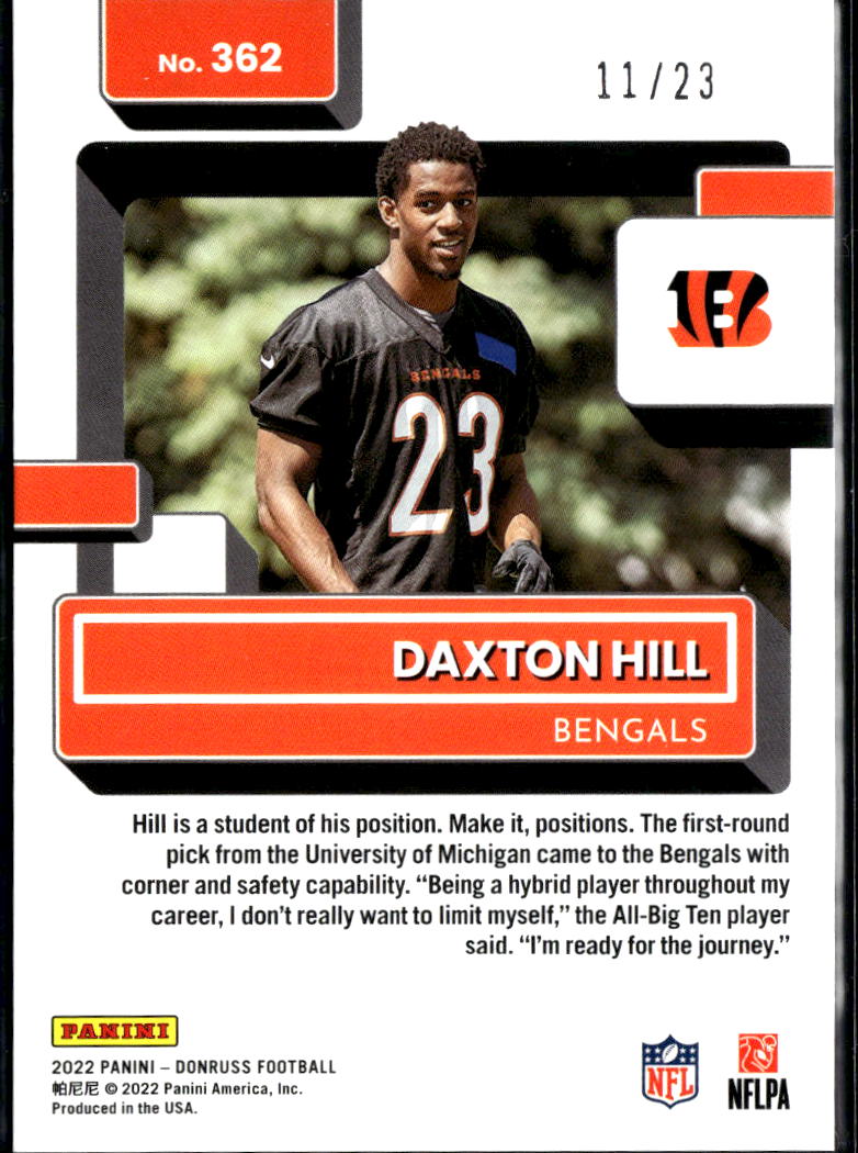 Daxton Hill 2022 Donruss Rated Rookie Orange Jersey Number 11/23 Bengals