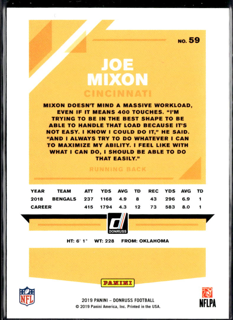 Joe Mixon 2019 Donruss Orange Jersey Number 16/28 Cincinnati Bengals