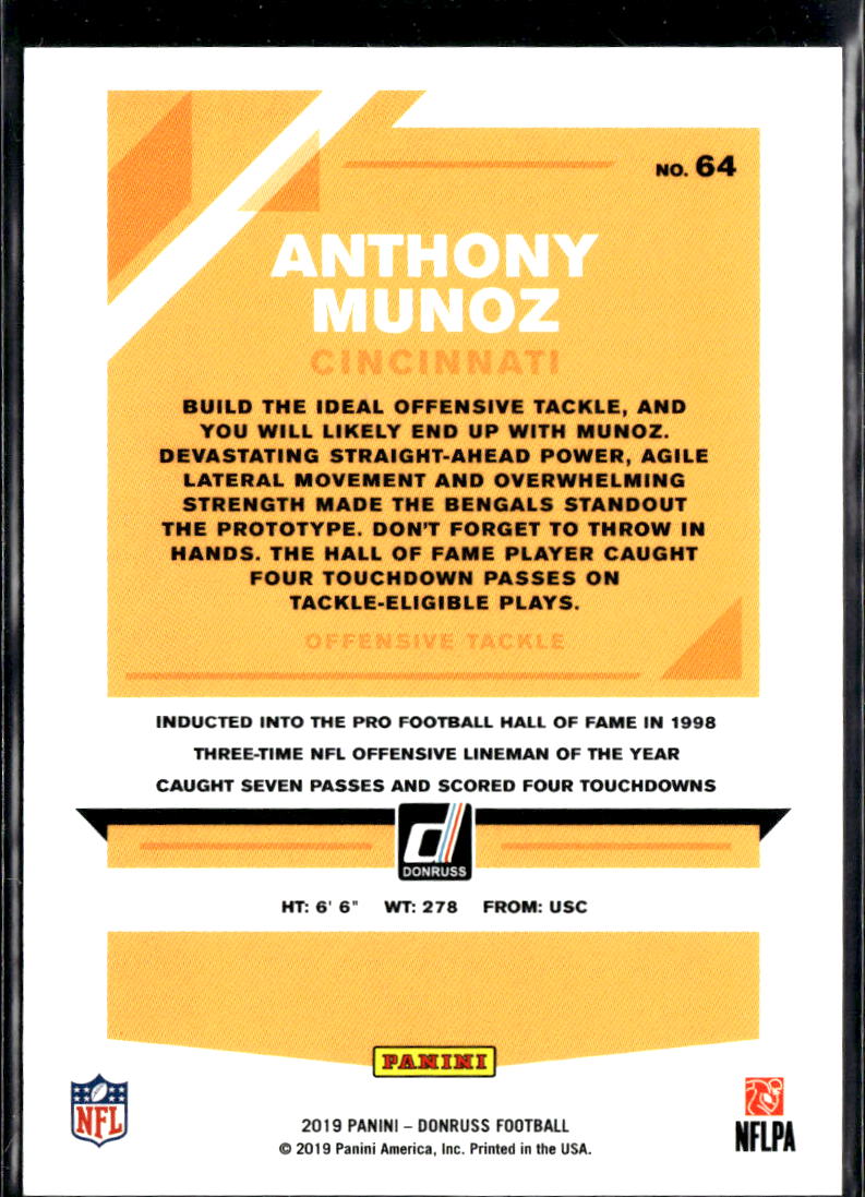Anthony Munoz 2019 Donruss Orange Jersey Number 73/78 Cincinnati Bengals