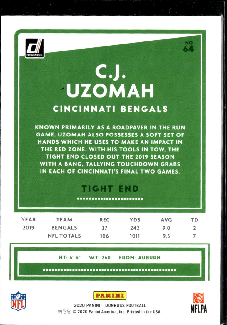 C.J. Uzomah 2020 Donruss Orange Jersey Number 31/87 Cincinnati Bengals