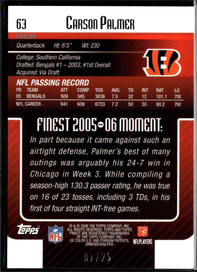 Carson Palmer 2005 Topps Finest Black XFractor 1/25 Cincinnati Bengals