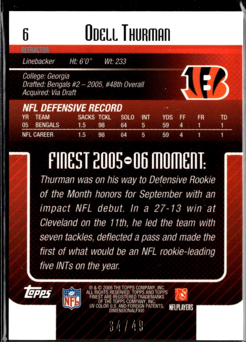 Odell Thurman 2006 Topps Finest GOLD Refractor 34/49 Cincinnati Bengals