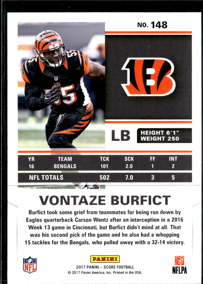 Vontaze Burfict 2017 Panini Score First Down Orange 5/10 Cincinnati Bengals