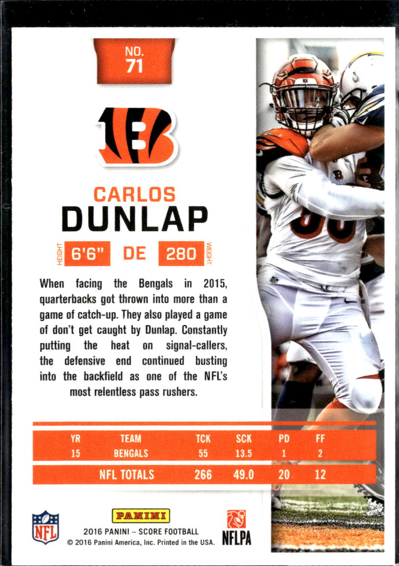Carlos Dunlap 2016 Score First Down Orange 6/10 Cincinnati Bengals