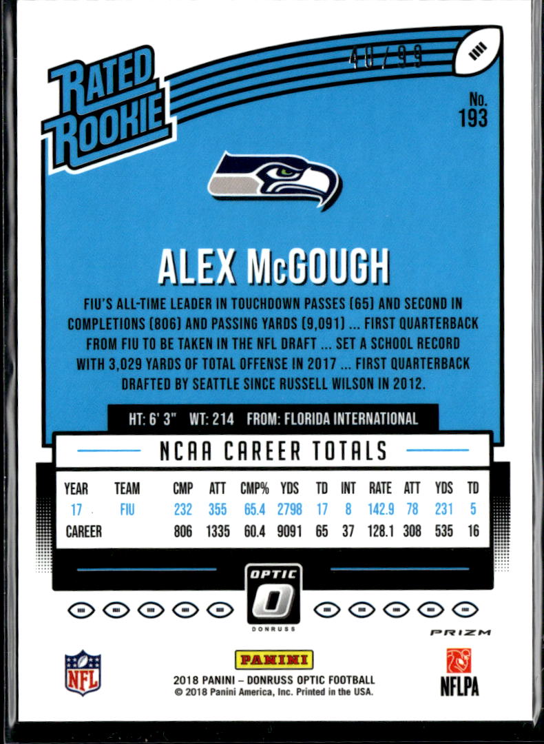 Alex McGough 2018 Optic Rated Rookie Red Prizm RC 40/99 Seattle Seahawks