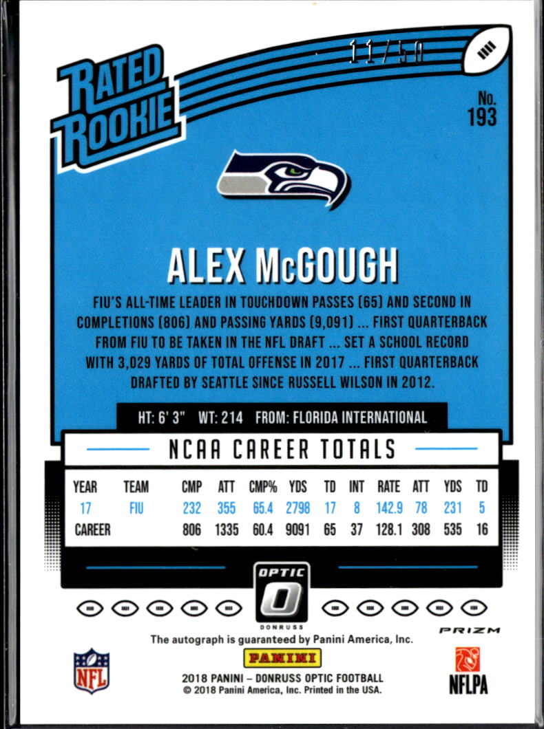 Alex McGough 2018 Optic Rated Rookie Auto Autograph RC Red 11/50 Seahawks