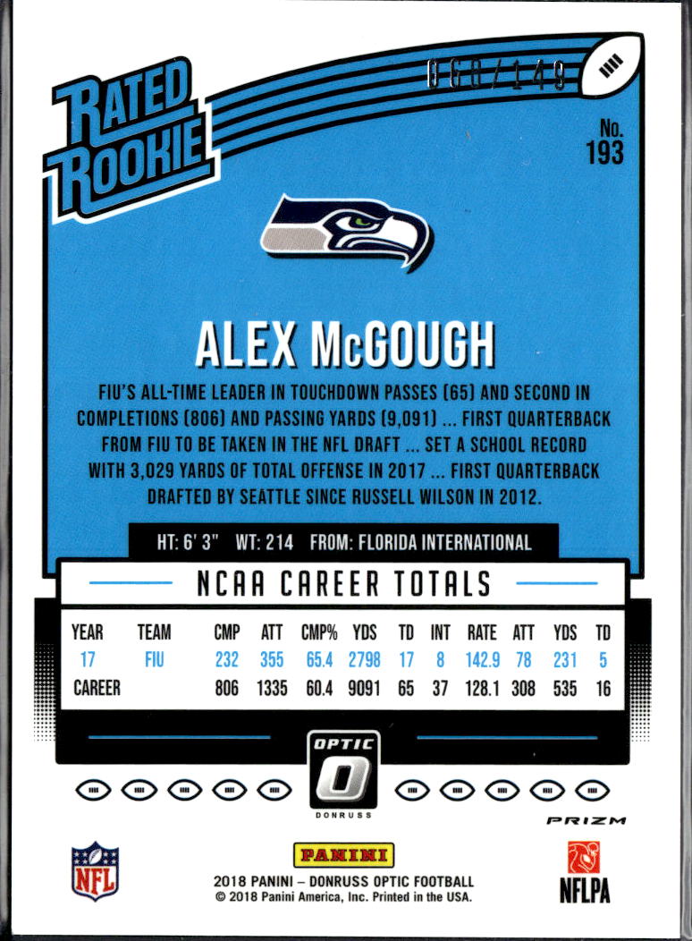Alex McGough 2018 Optic Rated Rookie Blue Prizm 68/149 Seattle Seahawks