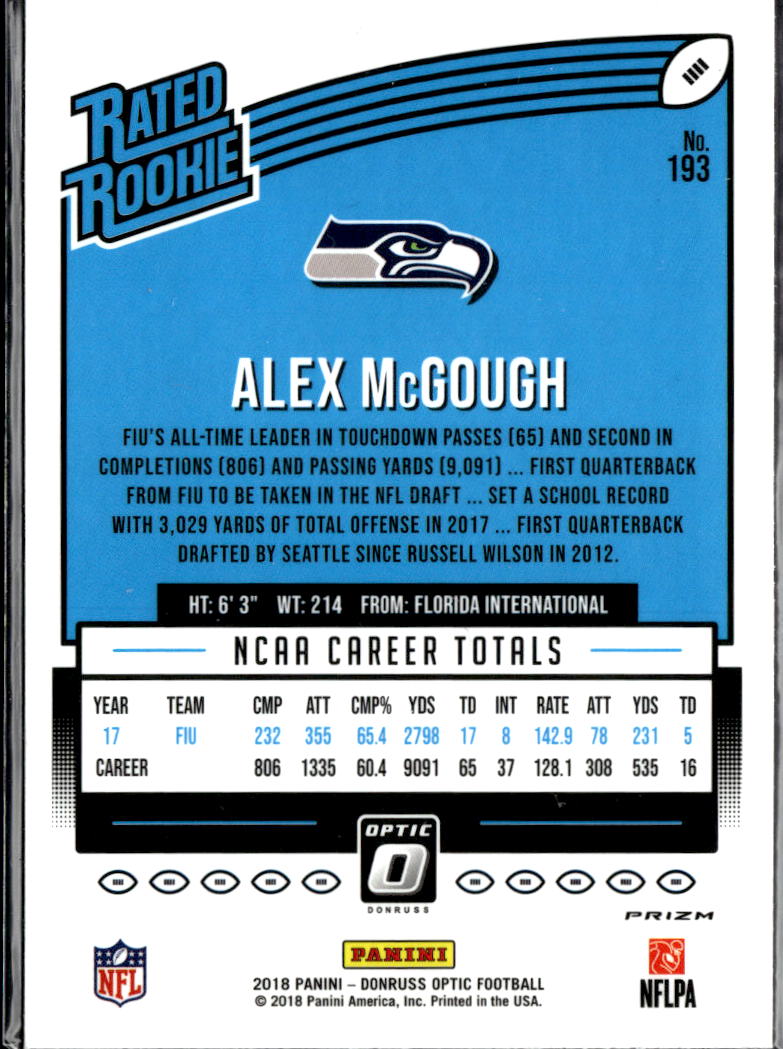 Alex McGough 2018 Optic Rated Rookie Green Velocity Seattle Seahawks